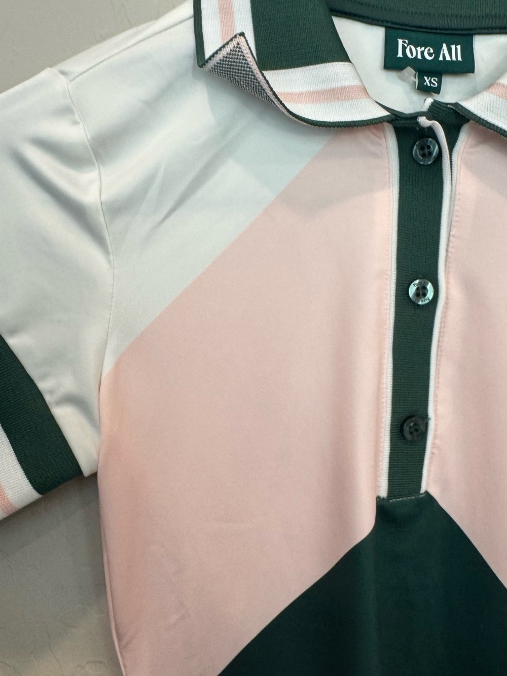 Fore All Women's Colorblock Golf Polo in Pink, White & Dark Green - Picture 2 of 5